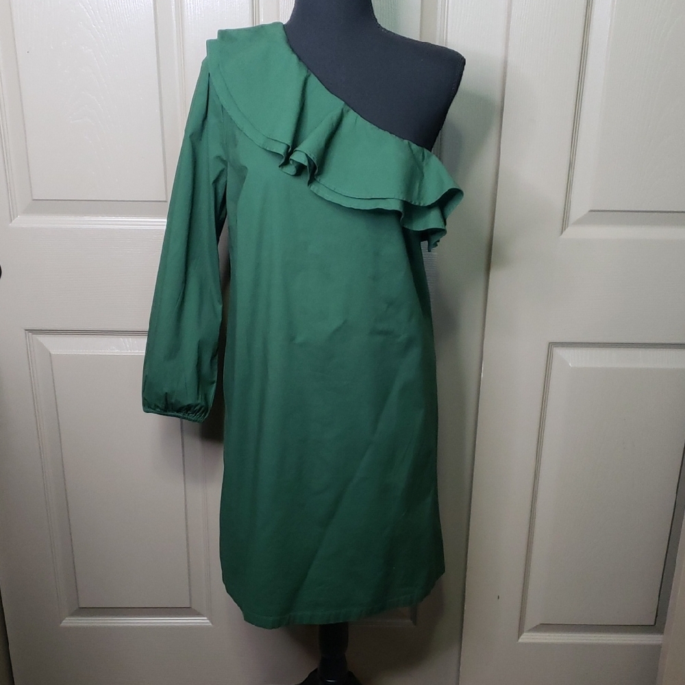 NWT J. Crew Mercantile Green One-Shoulder Long Sleeve Dress Size 8